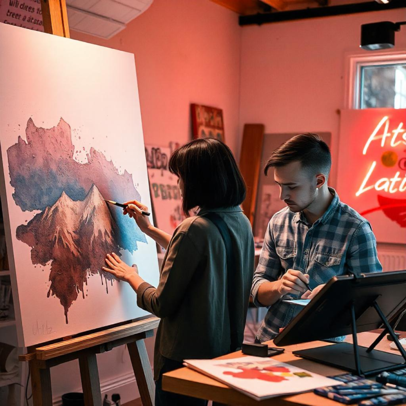 An artist painting a hand-crafted watercolor landscape while a digital artist works on a tablet, showcasing the contrast between traditional and digital art.
