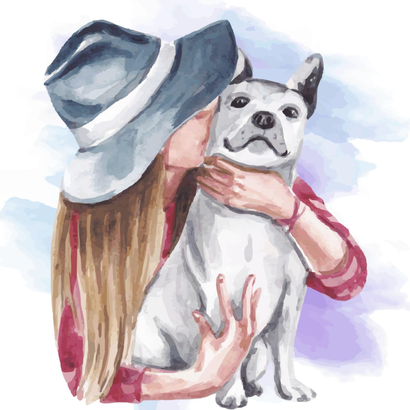 A watercolor-style painting of a woman in a hat lovingly holding and kissing her French Bulldog, symbolizing the deep bond between pets and their owners.